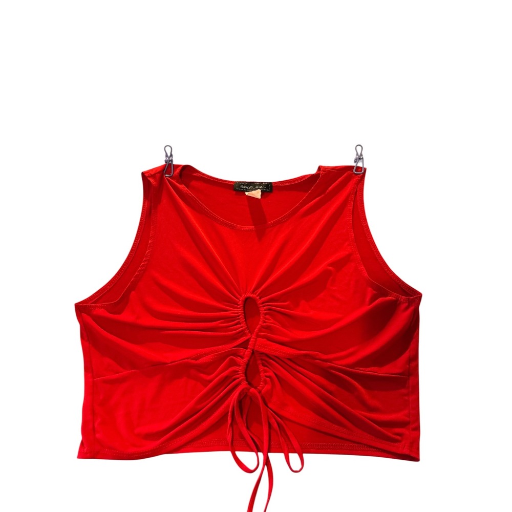 Y2K Touch Me Red Ruched Keyhole Crop Top Sleeveless Drawstring‎ Front  1X Large